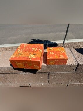 Rock Flower Paper Blossom Square Nested Box Set - Orange Leaf Print Decorative